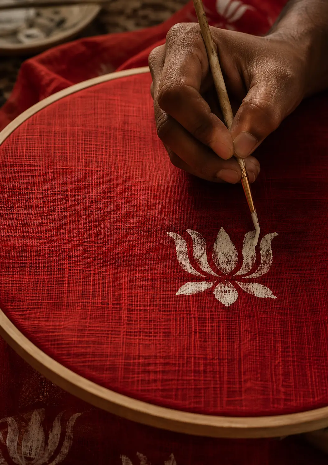 Abhik hand-painting a white lotus on red Kota fabric