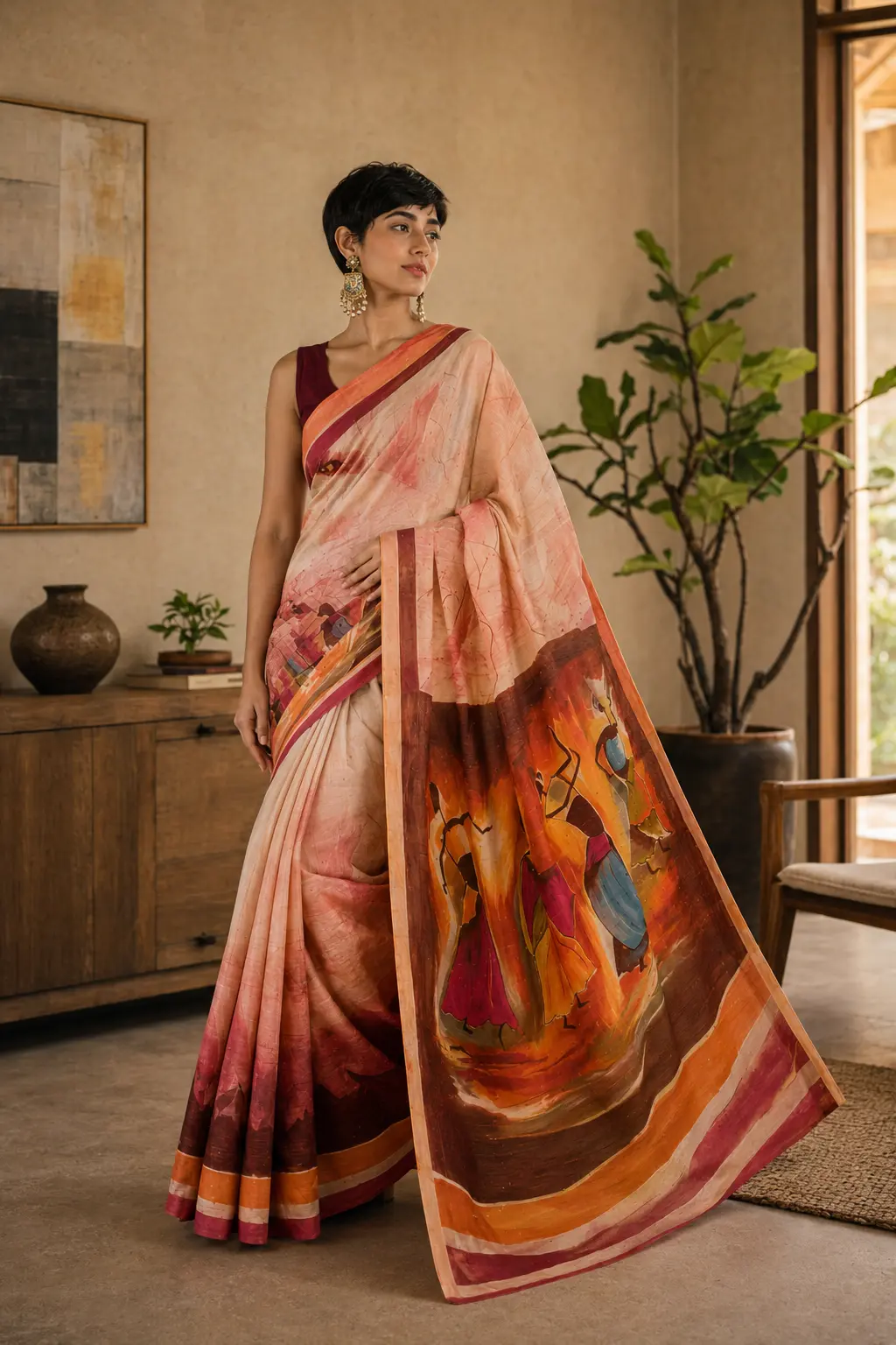 A contemporary woman wearing a mauve and maroon saree beside the Hooghly River in Kolkata