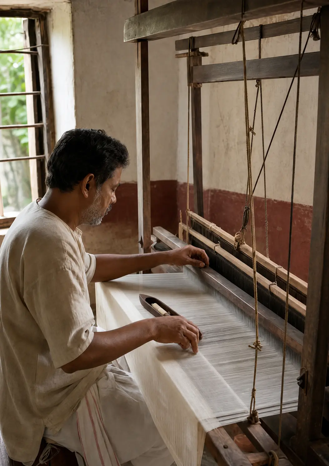 Bitulda weaving white mul cotton at a traditional wooden loom