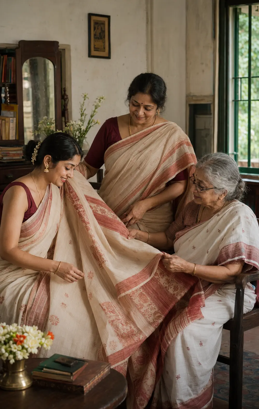 A woman unfolding a cream and maroon heirloom saree beside an old family photograph and handwritten letter